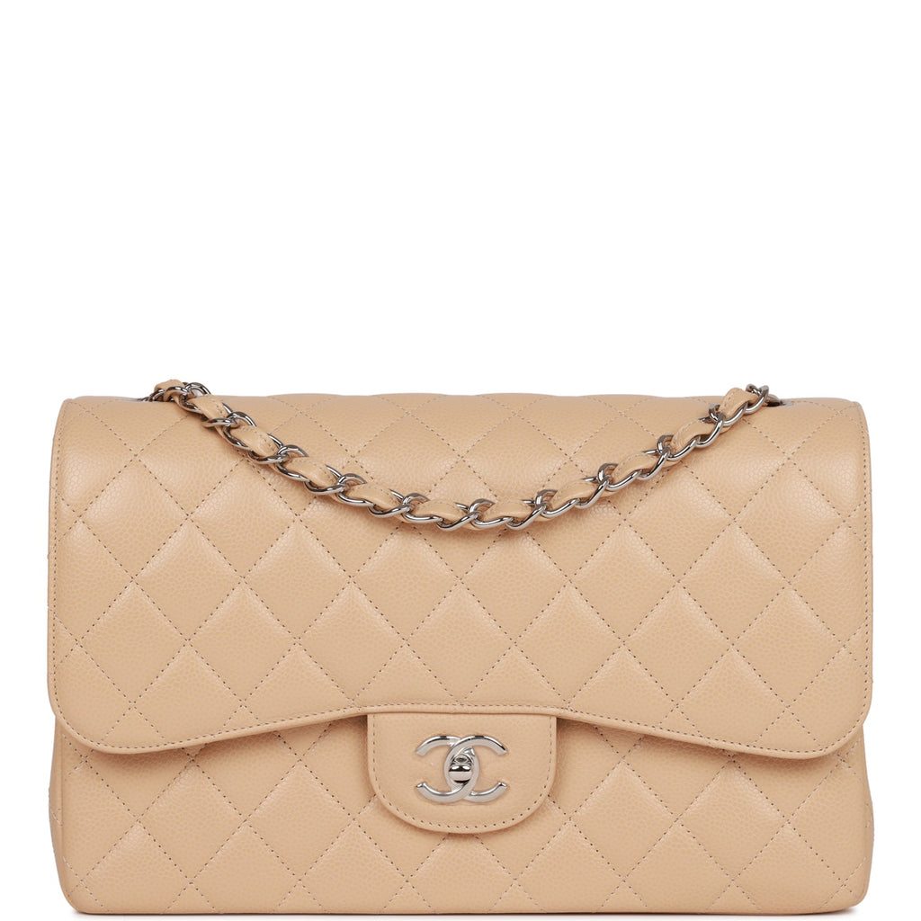 Chanel Vintage Beige Quilted Caviar Jumbo Double Flap Bag Silver