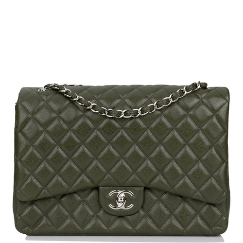 Pre-owned Chanel Maxi Classic Double Flap Bag Dark Green Caviar Silver Hardware