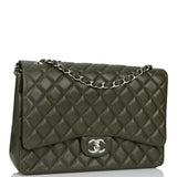 Pre-owned Chanel Maxi Classic Double Flap Bag Dark Green Caviar Silver Hardware