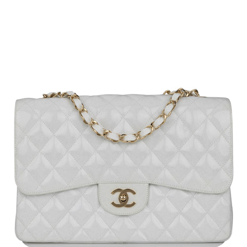 Pre-owned Chanel Jumbo Classic Single Flap Bag White Glitter Patent Leather Gold Hardware