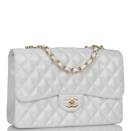 Pre-owned Chanel Jumbo Classic Single Flap Bag White Glitter Patent Leather Gold Hardware