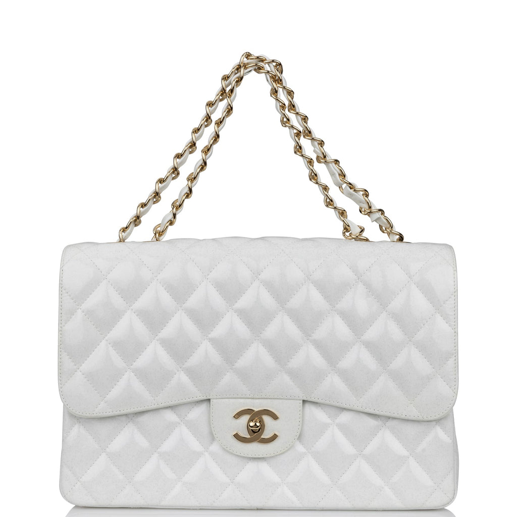 Pre-owned Chanel Jumbo Classic Single Flap Bag White Glitter Patent Leather Gold Hardware