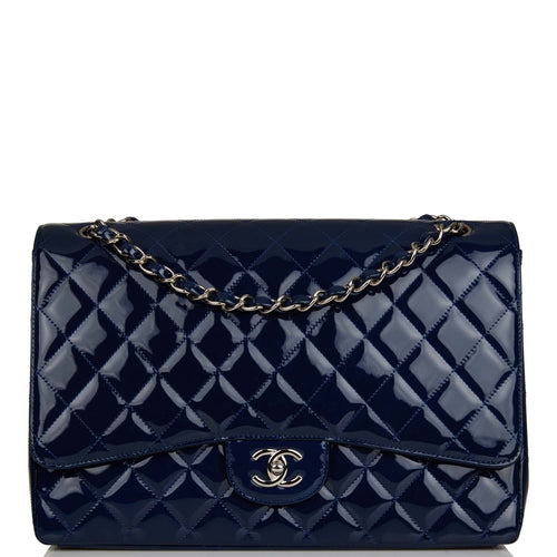 Pre-owned Chanel Maxi Classic Single Flap Bag Dark Blue Patent Silver Hardware