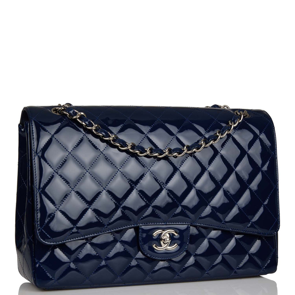 Pre-owned Chanel Maxi Classic Single Flap Bag Dark Blue Patent Silver  Hardware