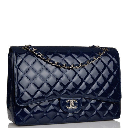 Pre-owned Chanel Maxi Classic Single Flap Bag Dark Blue Patent Silver Hardware