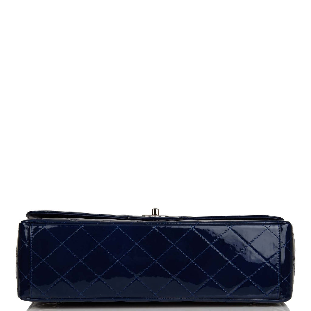 Pre-owned Chanel Maxi Single Flap Bag Dark Blue Patent Silver Hardware ...