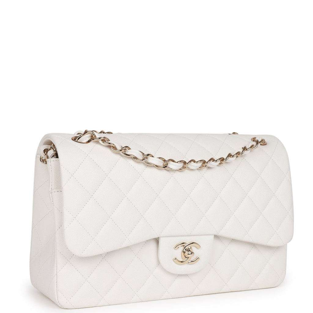 Chanel Quilted Classic Jumbo Double Flap Bag in White Caviar with  Silver-Tone Metal Hardware