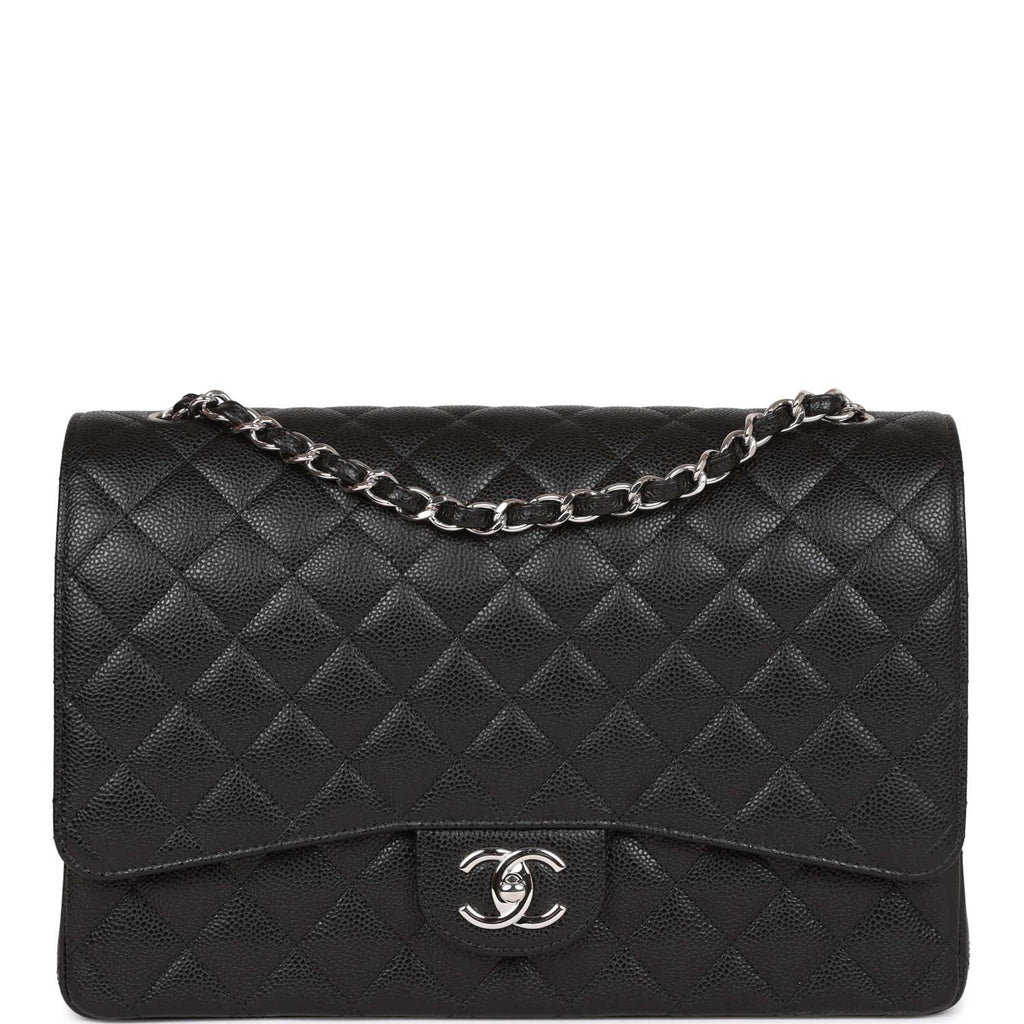 Chanel Maxi Classic Double Flap Bag Black Quilted Caviar Silver