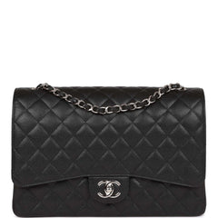 Chanel Maxi Classic Double Flap Bag Black Quilted Caviar Silver Hardware