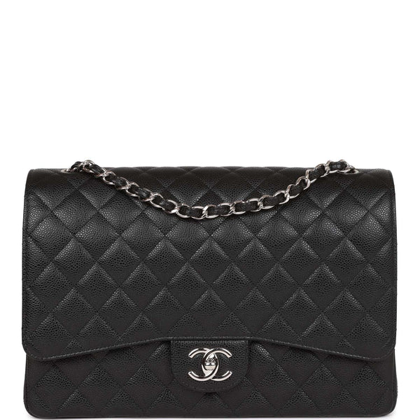 CHANEL Classic Black Quilted Caviar SHW Silver Chain Jumbo Large
