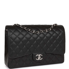 Chanel Maxi Classic Double Flap Bag Black Quilted Caviar Silver Hardware