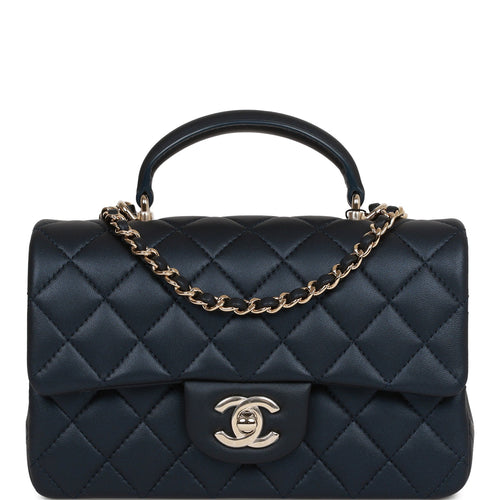 Chanel Mini Rectangular Flap Bag with Top Handle Dark Blue Lambskin Light Gold Hardware