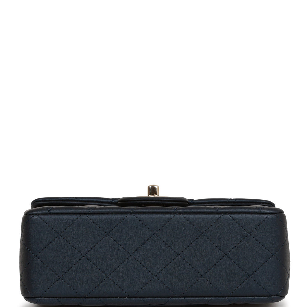 Chanel Mini Rectangular Flap Bag with Top Handle Dark Blue Lambskin Light Gold Hardware