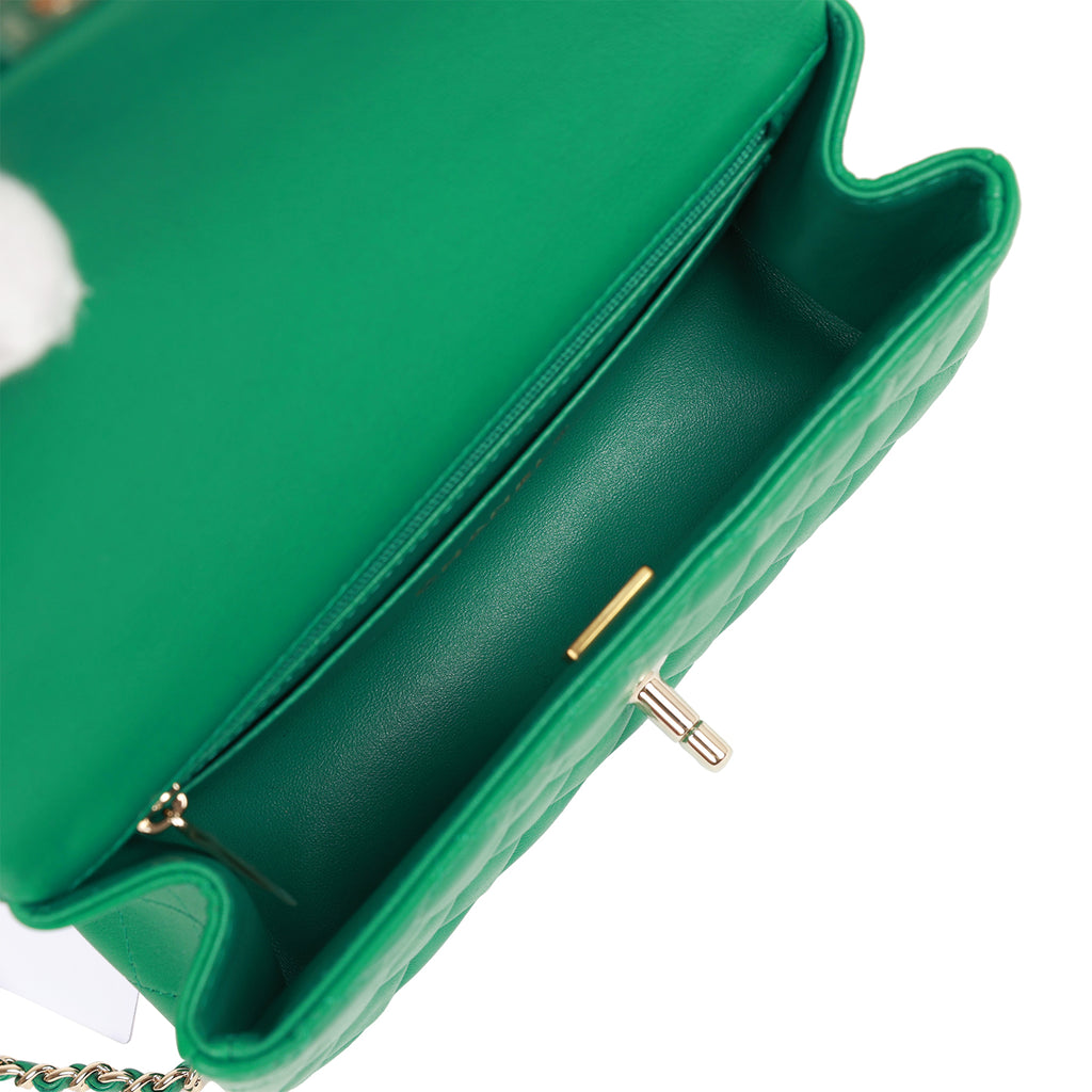 Chanel Mini Rectangular Flap with Top Handle Green Lambskin Light Gold Hardware