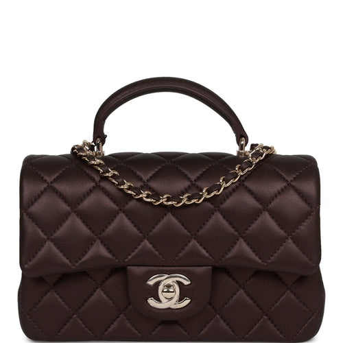 Chanel Mini Rectangular Flap Bag with Top Handle Burgundy Lambskin Light Gold Hardware
