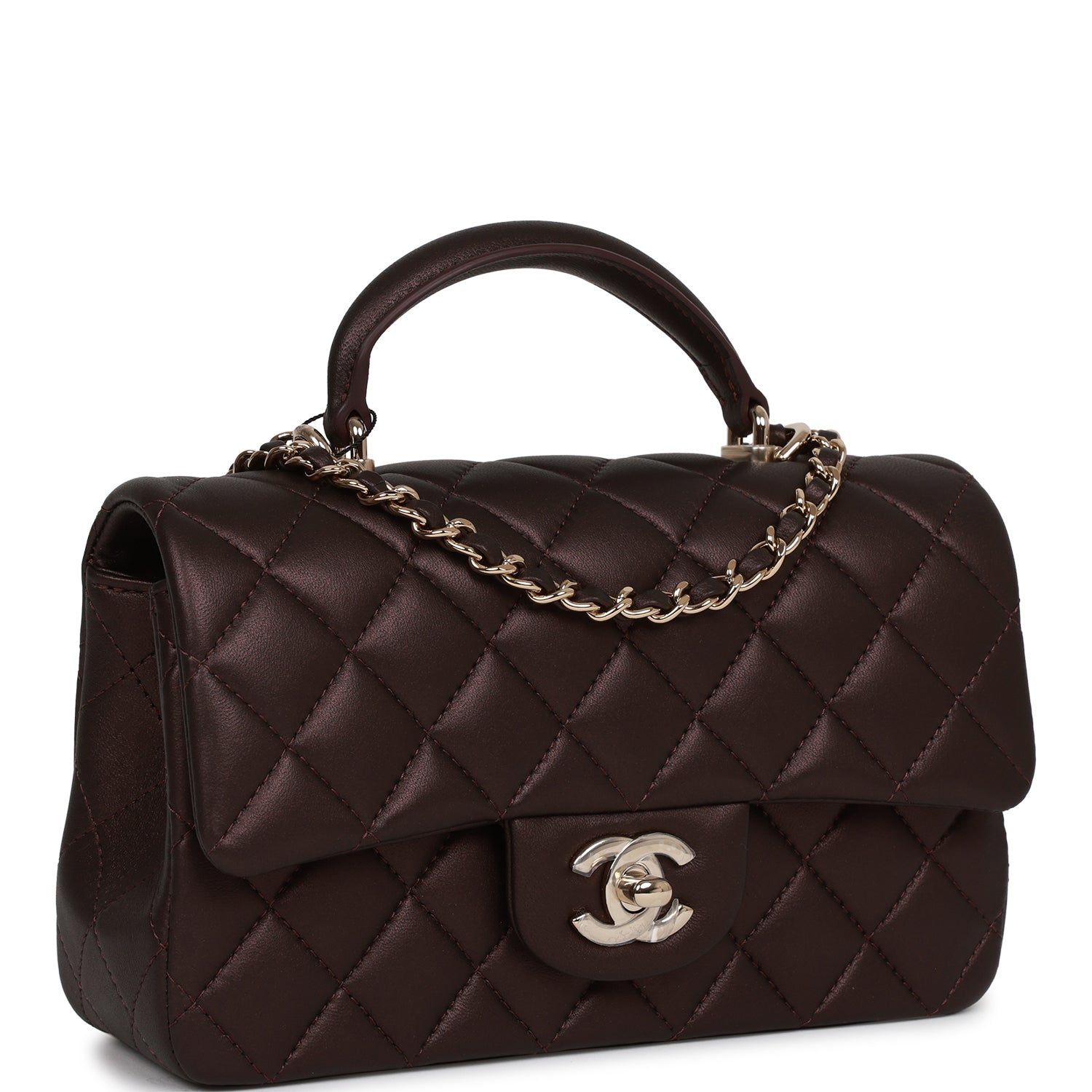Chanel Mini Rectangular Flap Bag with Top Handle Burgundy Lambskin Lig