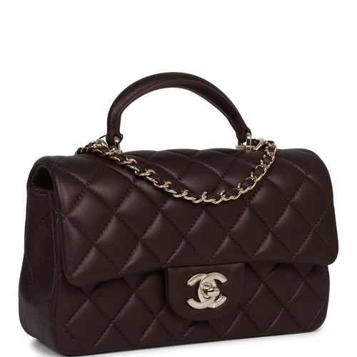 Chanel Mini Rectangular Flap Bag with Top Handle Burgundy Lambskin Light Gold Hardware