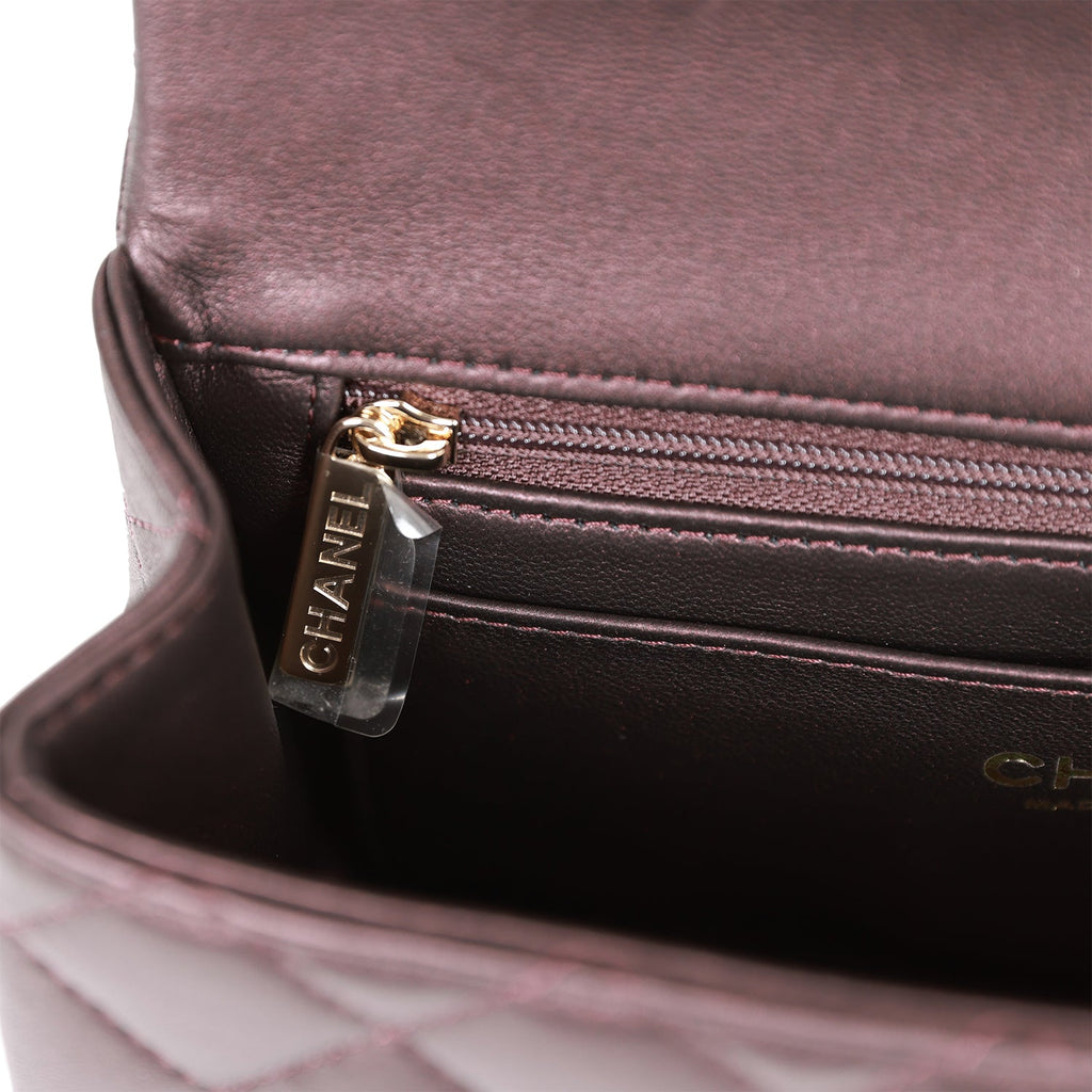 Chanel Mini Rectangular Flap Bag with Top Handle Burgundy Lambskin Light Gold Hardware