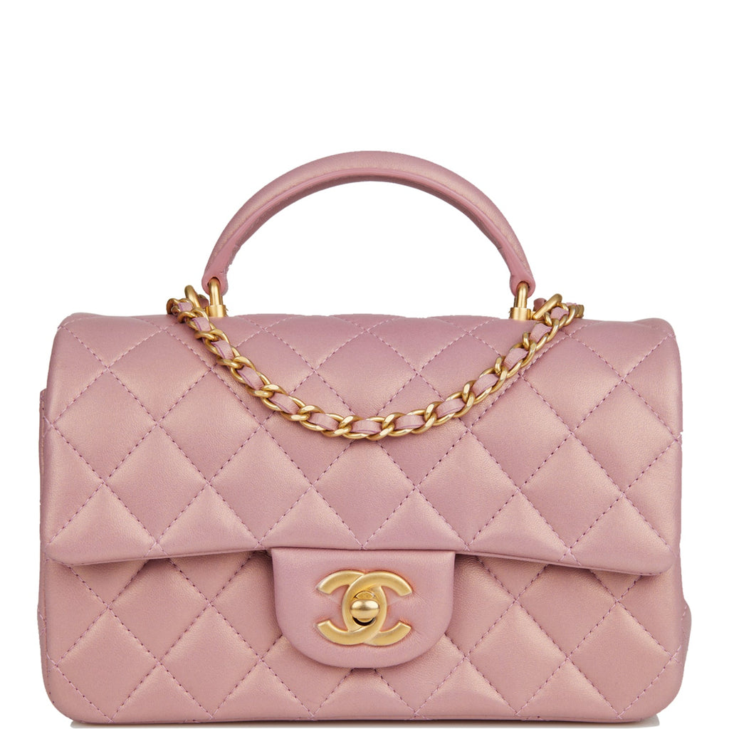 Chanel Mini Flap Top Handle Pink Iridescent Lambskin Antique Gold