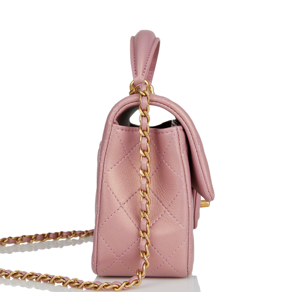Chanel Mini Rectangular Flap Bag with Top Handle Pink Iridescent Lambskin  Antique Gold Hardware