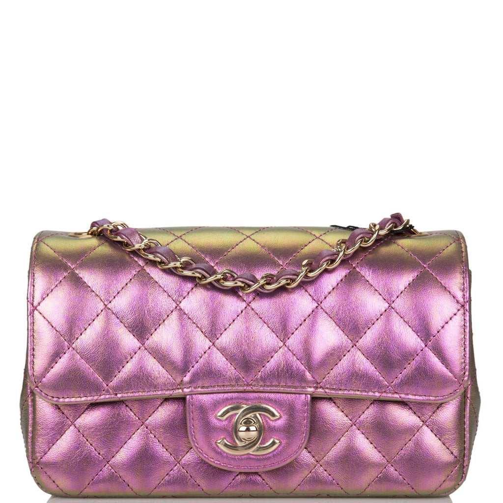 Chanel Mini Rectangular Flap Bag Purple Iridescent Lambskin Light Gold  Hardware