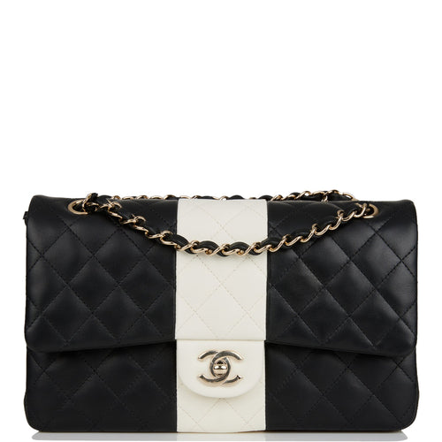 Chanel Medium Classic Double Flap Bag Black and White Lambskin Light Gold Hardware