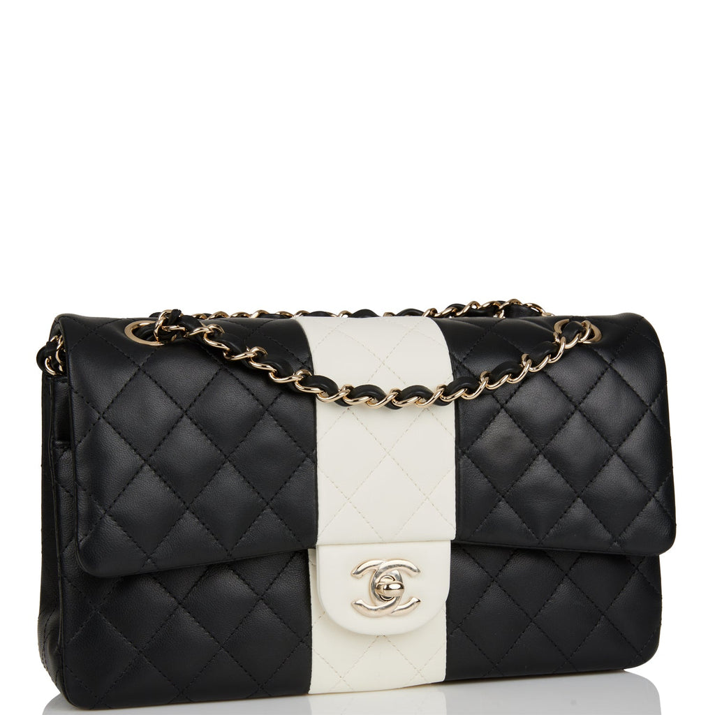 Chanel Medium Classic Double Flap Bag Black and White Lambskin Light Gold  Hardware