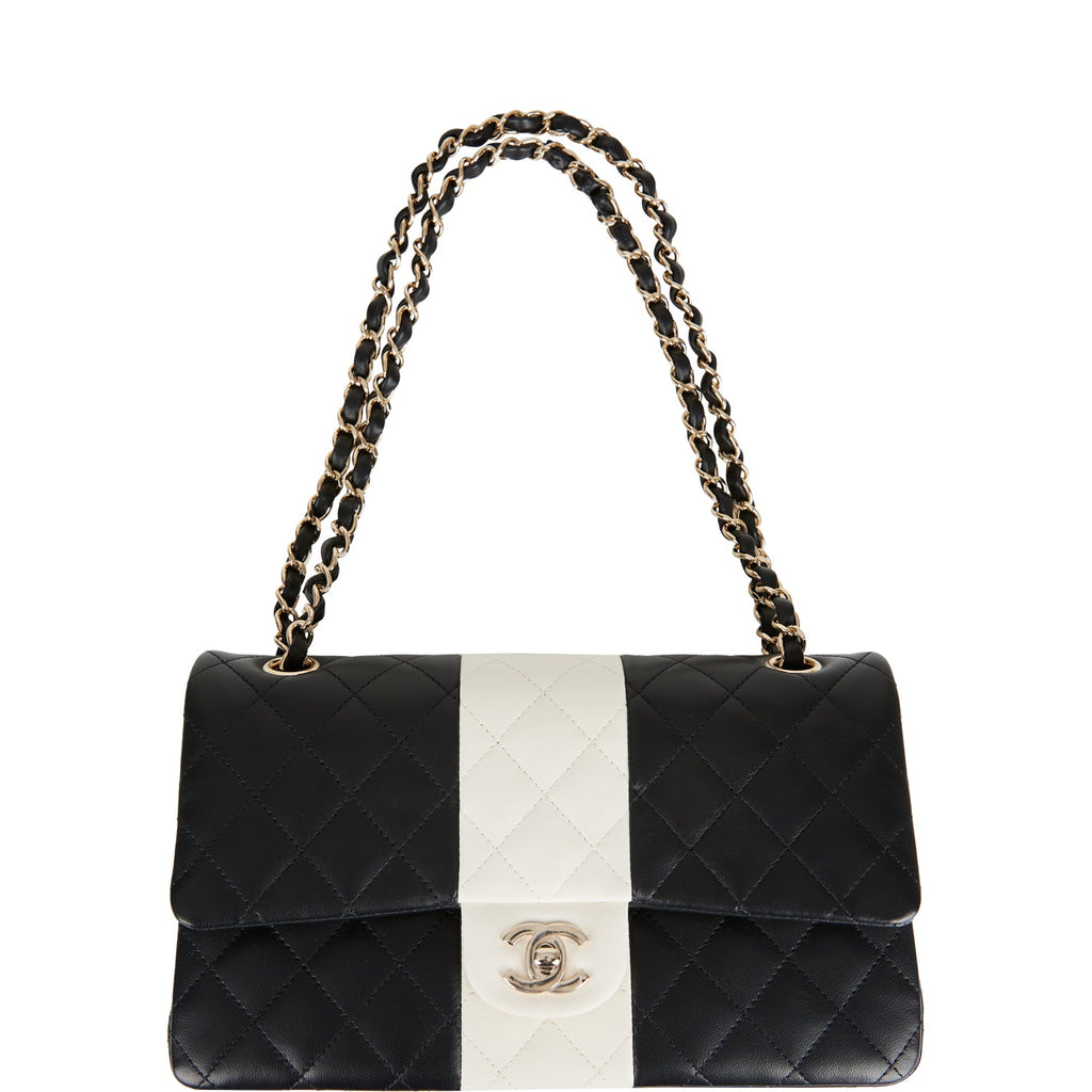 Chanel Medium Classic Double Flap Bag Black and White Lambskin Light Gold Hardware