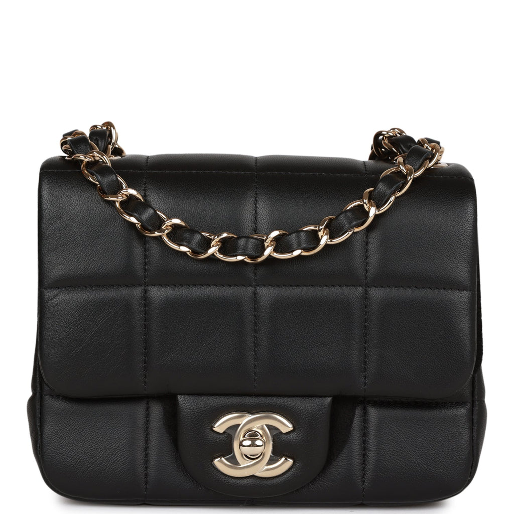 Chanel Mini Square Flap Bag Black and White Lambskin Light Gold Hardware