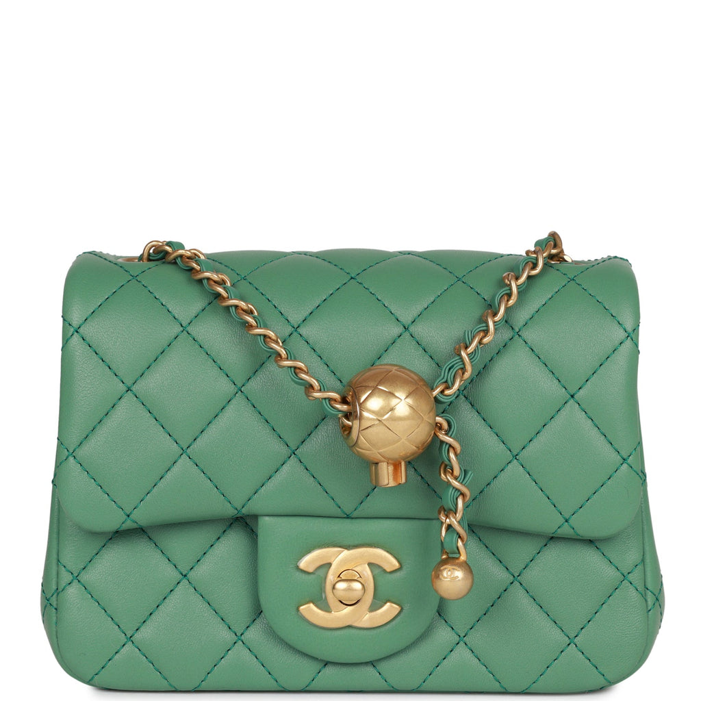 Chanel Pearl Crush Mini Square Flap Bag Dark Green Lambskin Antique Gold  Hardware