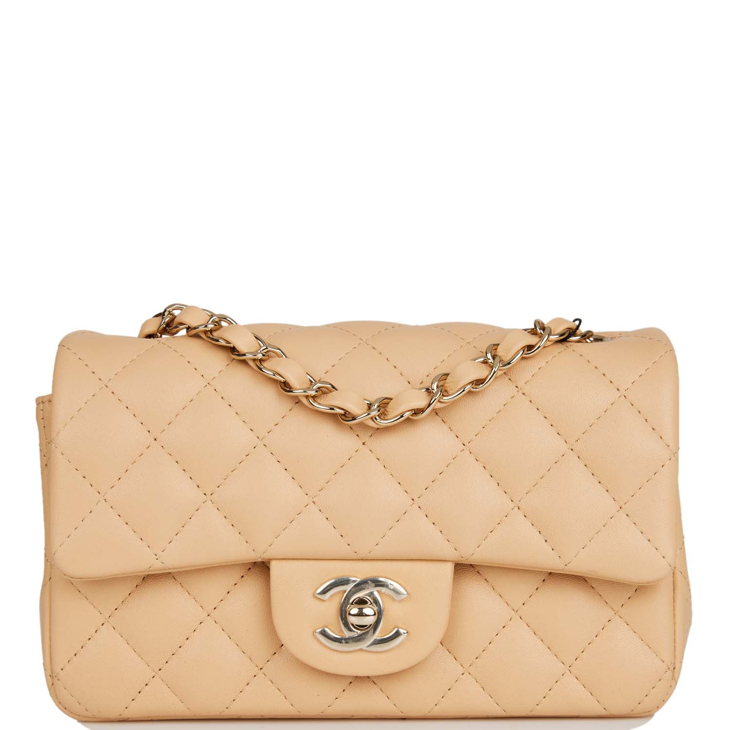 Chanel Beige Lambskin Rectangular Mini Classic Flap Light Gold Hardware
