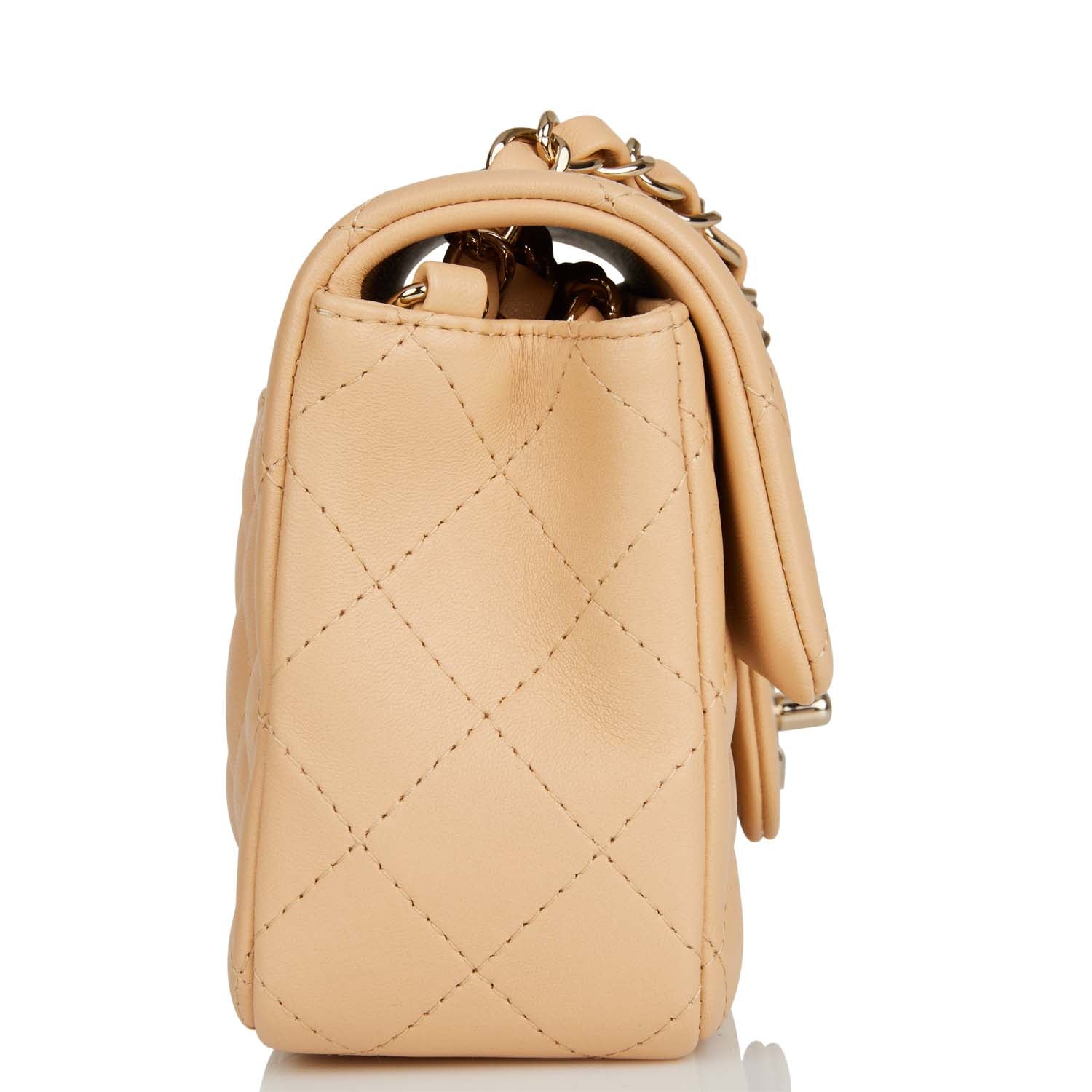 Chanel Beige Lambskin Rectangular Mini Classic Flap Light Gold Hardware