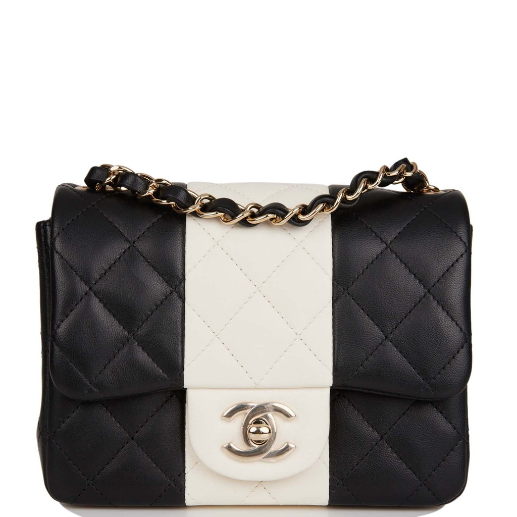 Chanel Mini Rectangular Flap Bag White and Black Lambskin Light Gold  Hardware