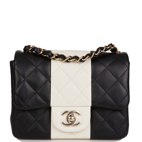 Chanel Mini Square Flap Bag Black and White Lambskin Light Gold Hardware