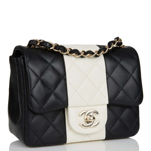 Chanel Mini Square Flap Bag Black and White Lambskin Light Gold Hardware