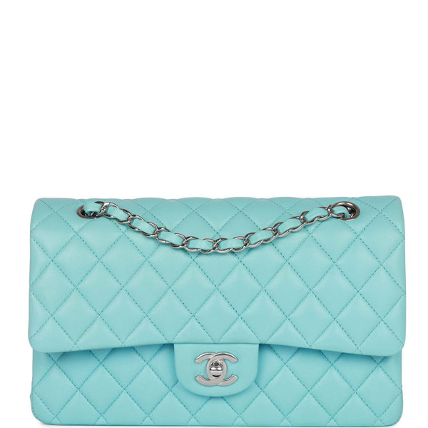 Chanel Classic M/L Medium Double Flap Tiffany Neon Blue Lambskin Silve –  Coco Approved Studio