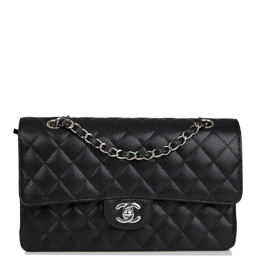 Chanel Medium Classic Double Flap Bag Black Quilted Caviar Silver Hardware