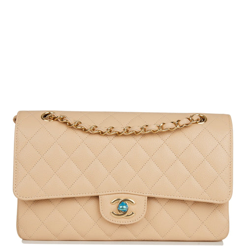 Chanel Medium Classic Double Flap Bag Beige Quilted Caviar Gold Hardware