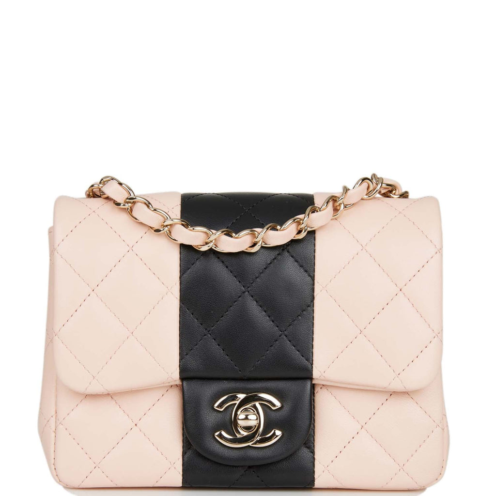 Chanel Mini Square Flap Bag Beige and Black Lambskin Light Gold Hardware Beige/Black Madison Avenue Couture