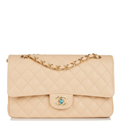 Chanel Beige Quilted Caviar Medium Double Flap Bag Gold Hardware