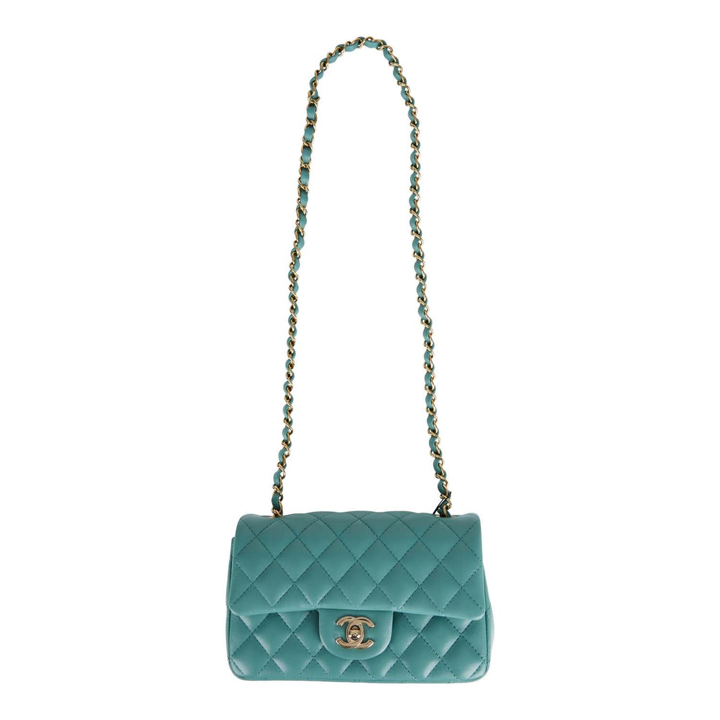 Authentic Chanel Seafoam Green Lambskin Quilted Rectangular Mini Flap Bag