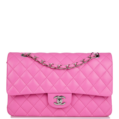 Pre-owned Chanel Medium Classic Double Flap Bag Neon Pink Quilted Lambskin Silver Hardware