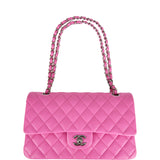 Pre-owned Chanel Medium Classic Double Flap Bag Neon Pink Quilted Lambskin Silver Hardware
