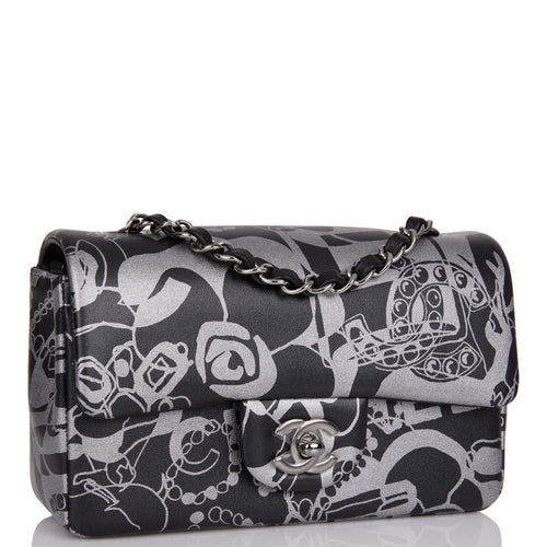 Chanel Mini Rectangular Flap Bag Black and Silver Printed Lambskin Silver Hardware