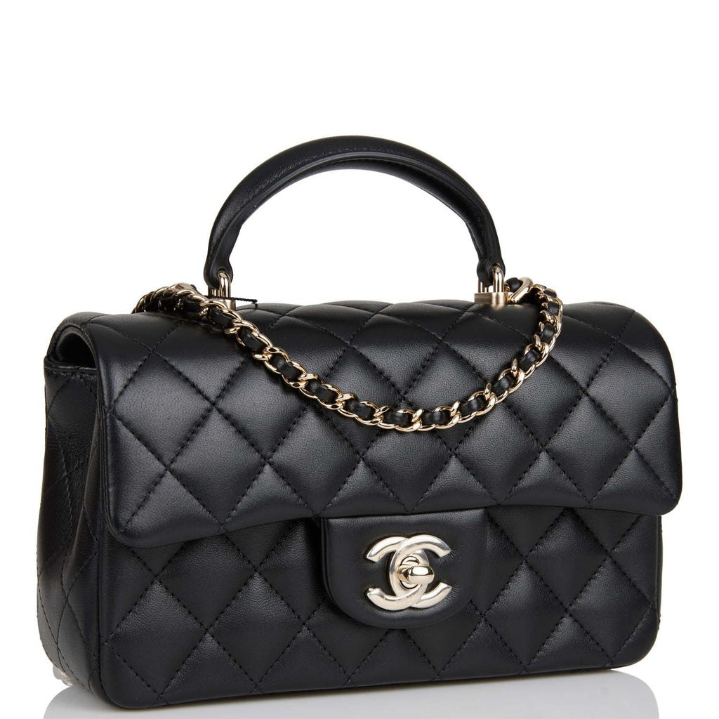 Chanel Black Lambskin Rectangular Mini Flap Top Handle Light Gold