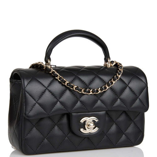 Chanel Mini Rectangular Flap Bag with Top Handle Black Lambskin Light Gold Hardware