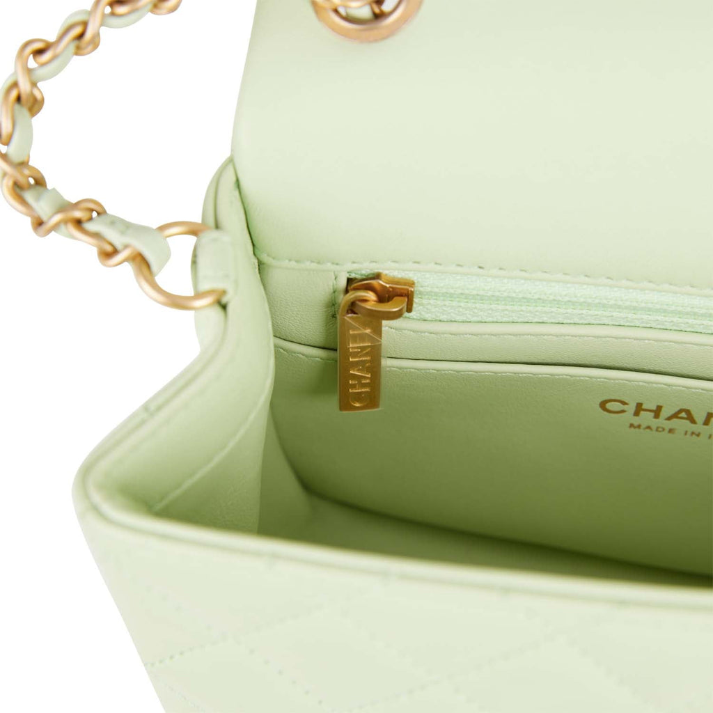 Chanel Pearl Crush Mini Square Flap Bag Light Green Lambskin Antique Gold Hardware