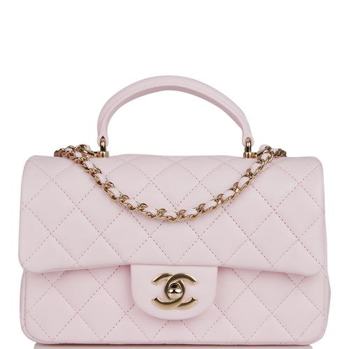 Chanel Mini Rectangular Flap Bag with Top Handle Light Pink Lambskin Light Gold Hardware