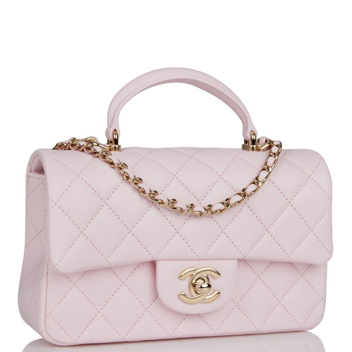 Chanel Mini Rectangular Flap Bag with Top Handle Light Pink Lambskin Light Gold Hardware