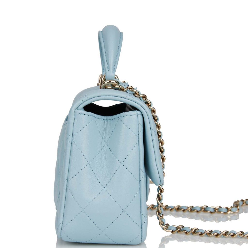 Chanel Light Blue Quilted Lambskin Chain Top Handle CC Gold